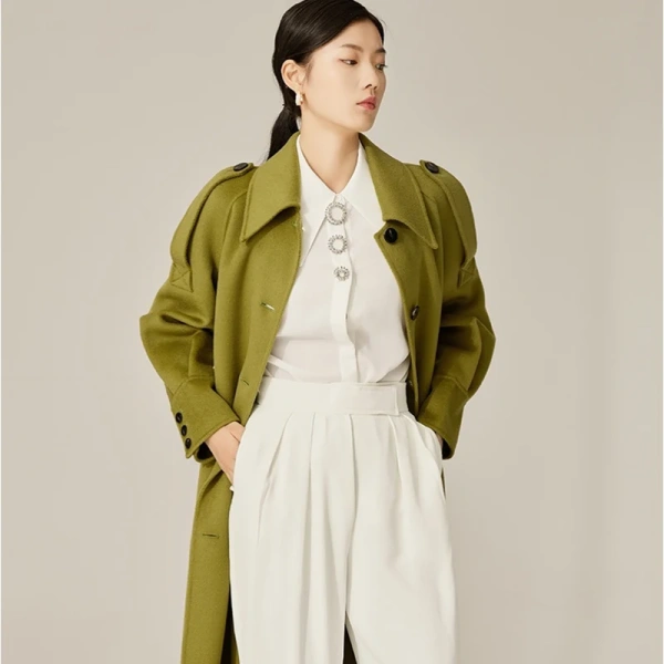 Women's Wool and Blend Winter Single Breasted With Pockets Tie Long Soft Wool Jacket European Fashion Simple Commuter