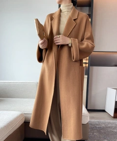 High Quality Classic Fashion Leisure Time Long 100% Cashmere Loose Handmade Tie a Belt Tailored Collar Coat
