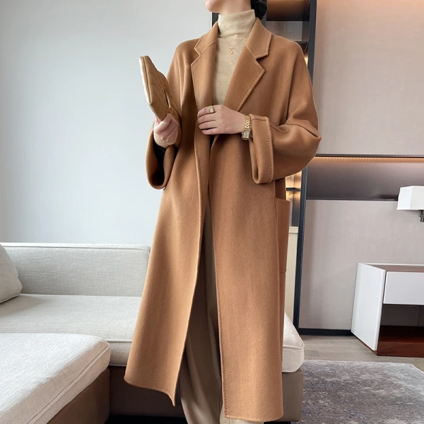 High Quality Classic Fashion Leisure Time Long 100% Cashmere Loose Handmade Tie a Belt Tailored Collar Coat