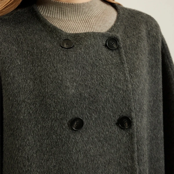 Autumn Winter O Neck Genuine Cashmere Coat Woman Solid Color Double Faced Real Wool Coat - Image 3