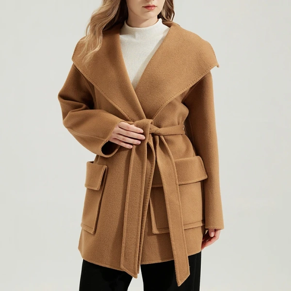 Winter Oversize Big Turn Down Collar Woolen Coats Luxury Belted Double Faced 100% Genuine Wool Coat for Women - Image 3