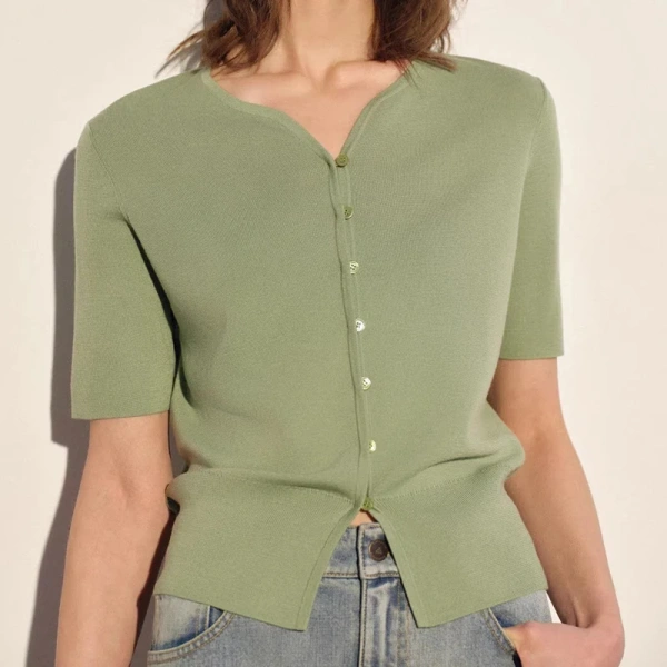 Summer V Neck Single Breasted Knitted Handmade Cardigans Short Sleeve 100% Wool  Knitwear for Women - Image 5