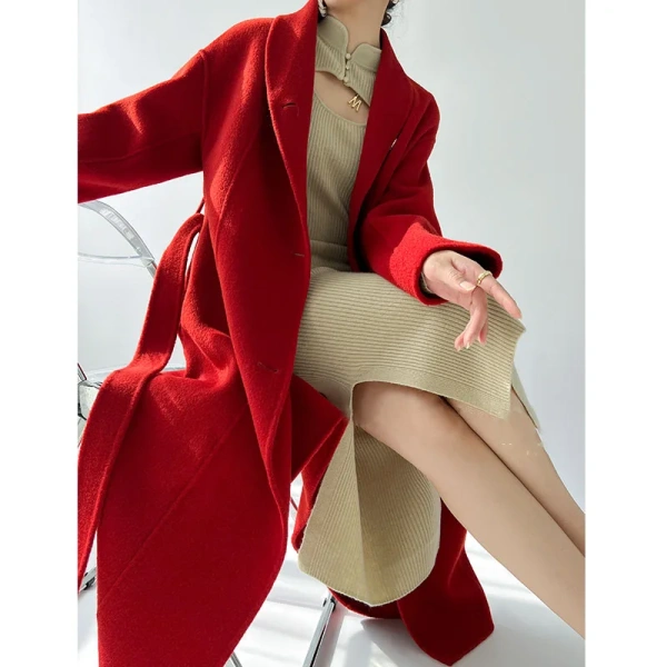 Red Double-sided Tweed Cashmere Coat Long Models Female 2025 Autumn and Winter New Green Fruit Collar Lacing Senior Sense of Twe - Image 3