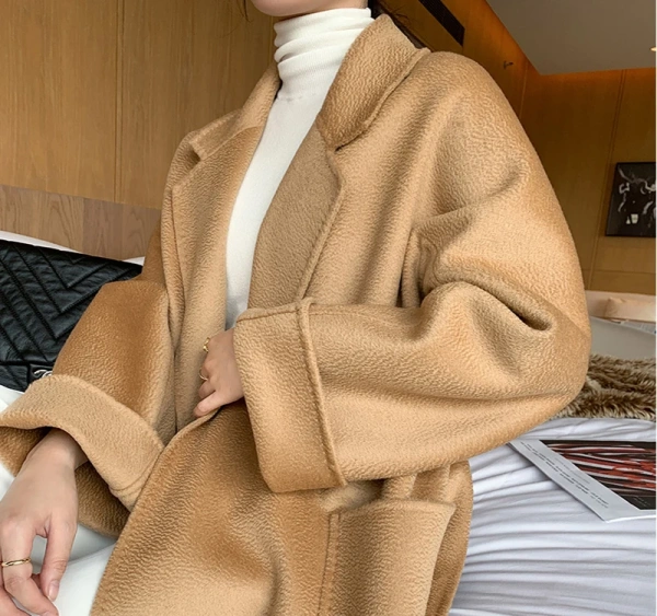 Haute Couture Winter Classic Water Ripple Cashmere Coat Solid Color  Handmade Stick Pocket