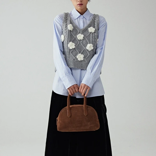 Sleeveless Sweater Vest Cropped Knitted Wool Vests Women With Handmade Crochet Twisted Flowers
