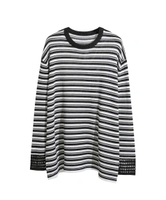 Winter Spring O Neck Stripe Pattern Knitted Cotton Pullover Sweater for Women