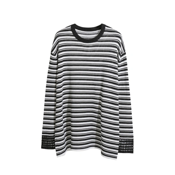 Winter Spring O Neck Stripe Pattern Knitted Cotton Pullover Sweater for Women