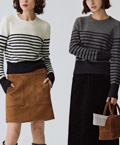 Stripe Pattern O Neck Cotton Pullover Knitted Sweaters for Woman