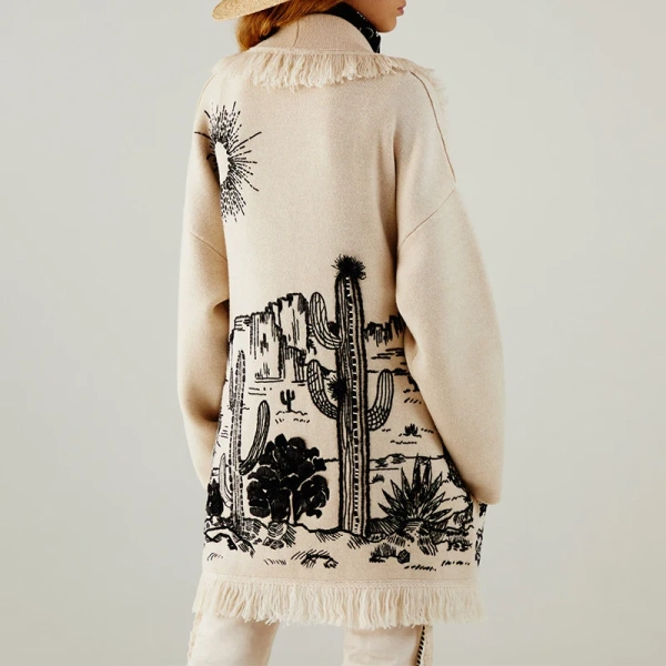Winter Spring Long Sleeve Knitwear Coat Jacquard Knitted Wool Cardigan Sweater Women with Tassel - Image 3