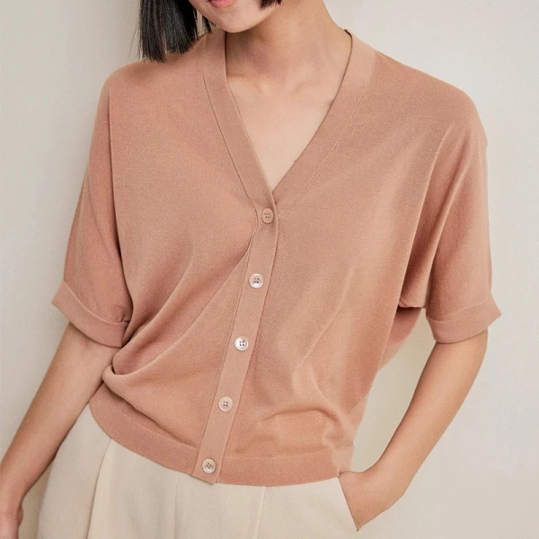 Summer Single Breasted Knitwear Shirt Women V Neck Short Sleeve Cotton Knitted Cardigans - Image 5