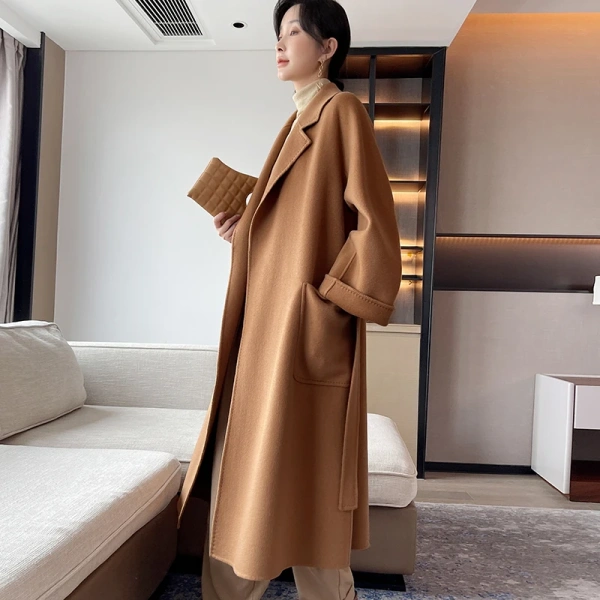 High Quality Classic Fashion Leisure Time Long 100% Cashmere Loose Handmade Tie a Belt Tailored Collar Coat - Image 3