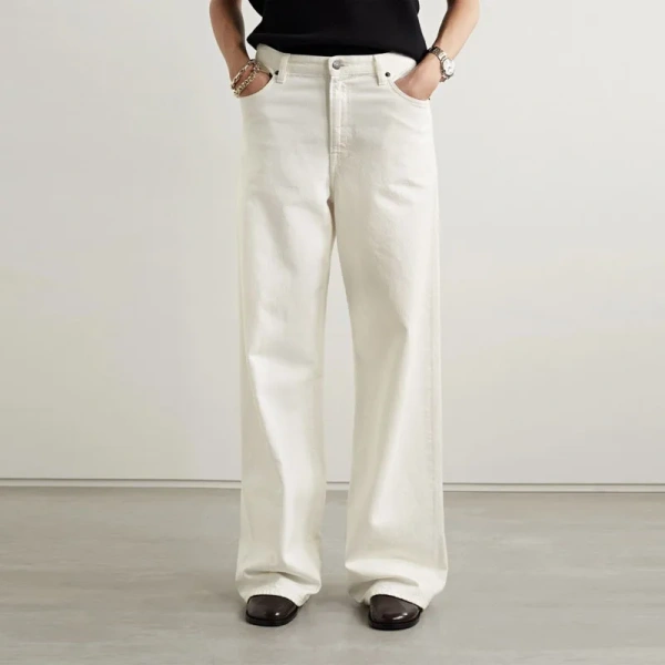 Spring Long Straight Leg Jeans White High Waisted 100% Cotton Denim Pants for Women