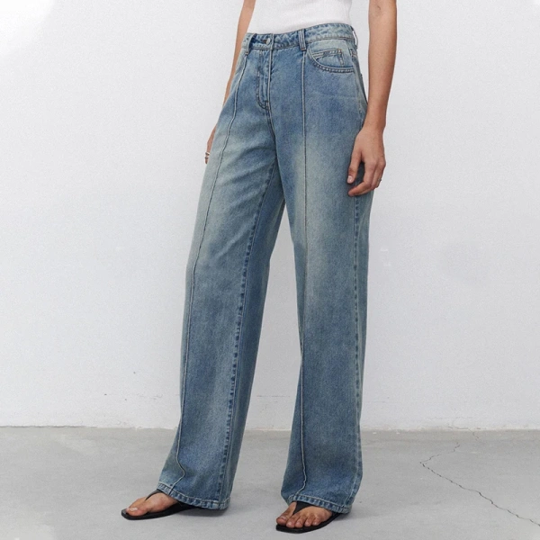 Spring High Waist Cotton Jeans Women Vintage Denim Wide Leg Pants - Image 3