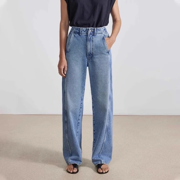 Casual Long 100% Cotton Straight Jeans Women High Waisted Denim Pants