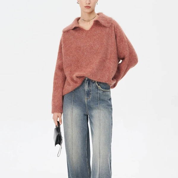 Turn Down Collar Knitted Pullover Sweaters Mohair Knitwear Women - Image 3