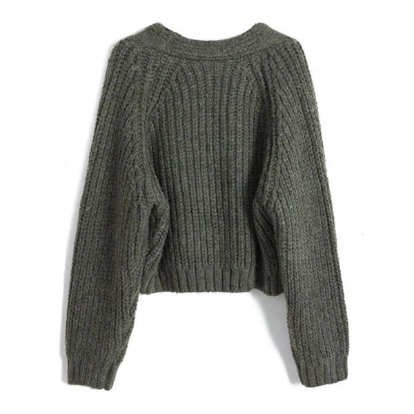 V Neck Single Breasted Sweater Winter Cropped 100% Wool Knitted Cardigan Women - Image 2