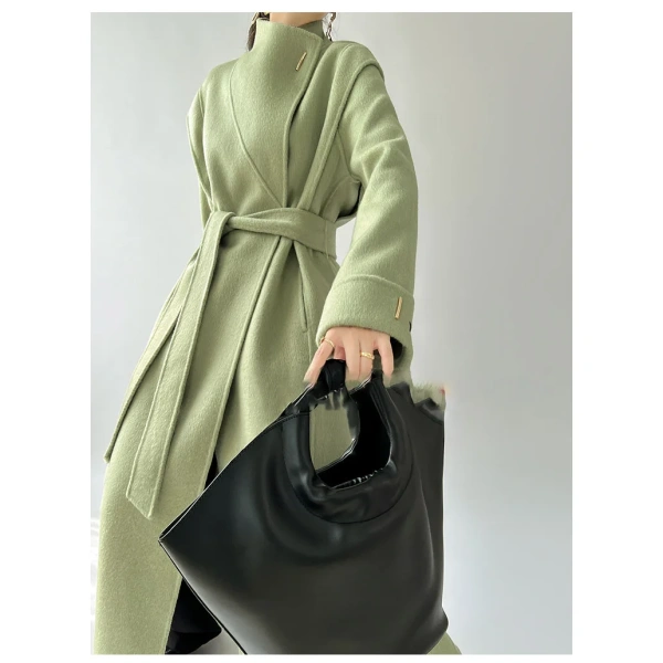 Senior Sense Standing Collar Green Double-sided Tweed Cashmere Coat Women's Autumn and Winter 2025 New Long Temperament Wool - Image 4