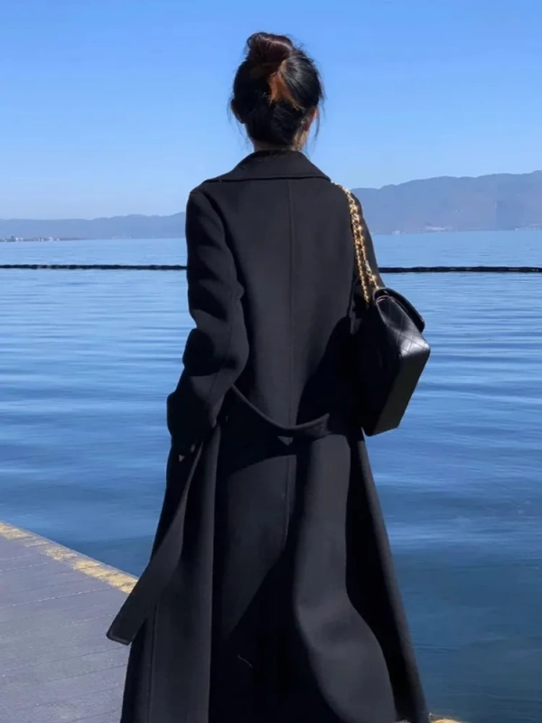 Women Medium-length Black Wool Coat, High-grade Double-faced Velvet, Thickened Wool Coat, Slimming - Image 3