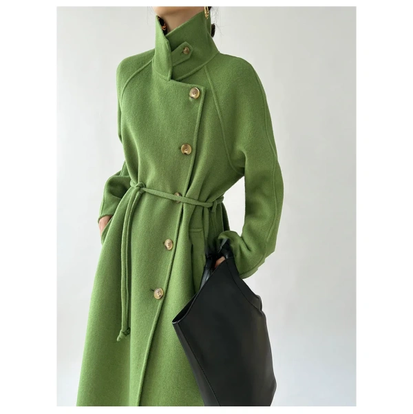 Stand Collar Design Sense Lacing in the Long Section Double-sided Tweed Cashmere Coat Female 2025 Autumn and Winter New