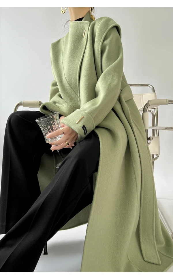 Senior Sense Standing Collar Green Double-sided Tweed Cashmere Coat Women's Autumn and Winter 2025 New Long Temperament Wool - Image 3
