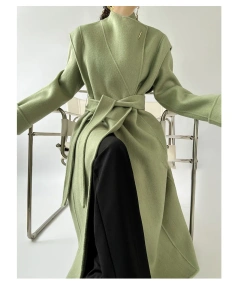 Senior Sense Standing Collar Green Double-sided Tweed Cashmere Coat Women's Autumn and Winter 2025 New Long Temperament Wool