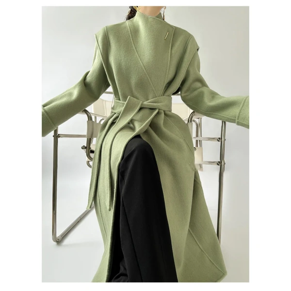 Senior Sense Standing Collar Green Double-sided Tweed Cashmere Coat Women's Autumn and Winter 2025 New Long Temperament Wool