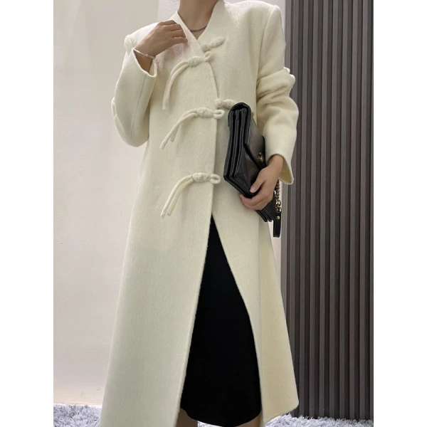 Stand Collar Design Sense Lacing in the Long Section Double-sided Tweed Cashmere Coat Female 2025 Autumn and Winter New - Image 5
