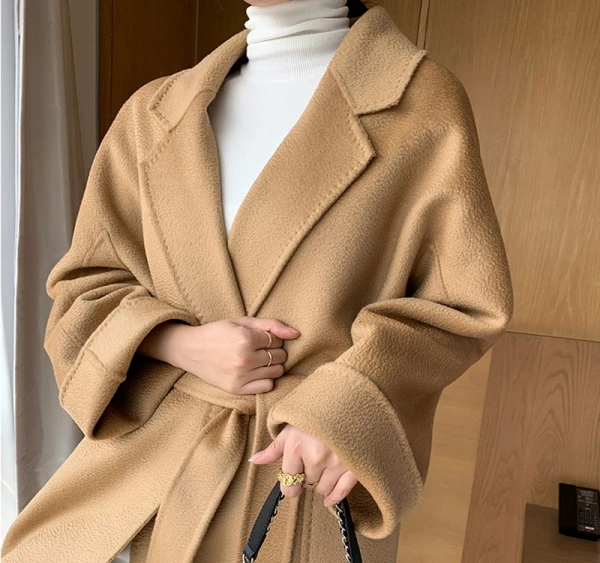 Haute Couture Winter Classic Water Ripple Cashmere Coat Solid Color  Handmade Stick Pocket - Image 2