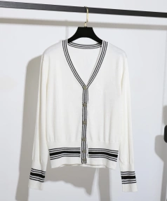 Stripe Single-Breasted V Neck Sweater 100% Wool Knitted Cardigan Women