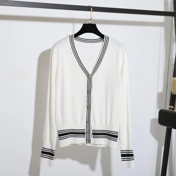 Stripe Single-Breasted V Neck Sweater 100% Wool Knitted Cardigan Women
