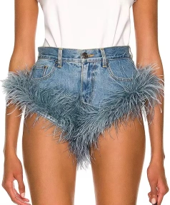 Cross Short Pants High Waist Denim Shorts Women with Ostrich Feather Fur