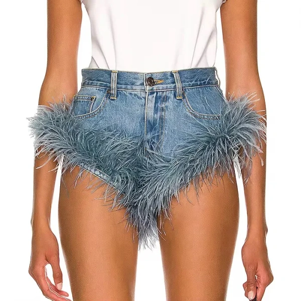 Cross Short Pants High Waist Denim Shorts Women with Ostrich Feather Fur