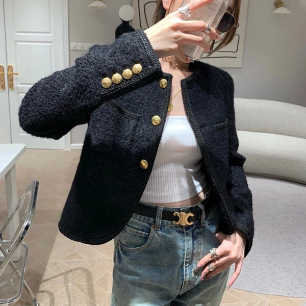 Autumn Winter Tweed Cropped Jackets Korean Fashion O-Neck Single Breasted Knitted Wool Coat Women With Golden Button - Image 5