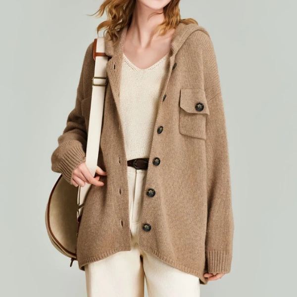 Winter Knitwear Cardigan Single Breasted Wool Sweaters Coat Women With Hooded - Image 3
