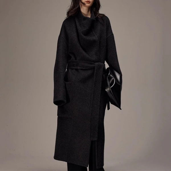 Winter Stand Collar Camel Hair Woolen Coat Luxury Double Faced Long Wool Coat Women with Belt