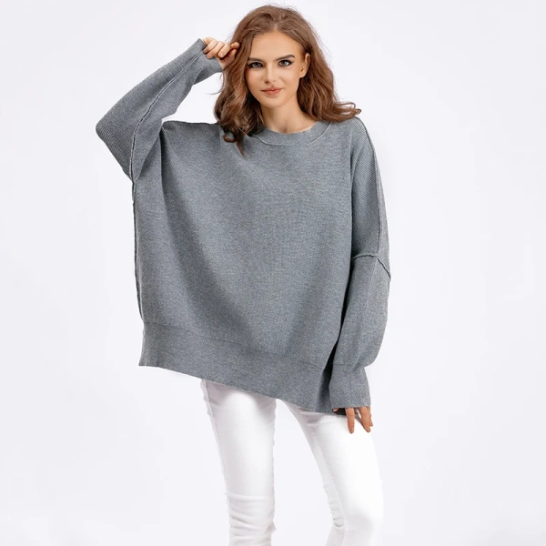 Solid Color Long Sleeve O Neck Pullover Women Loose Knitted Sweater