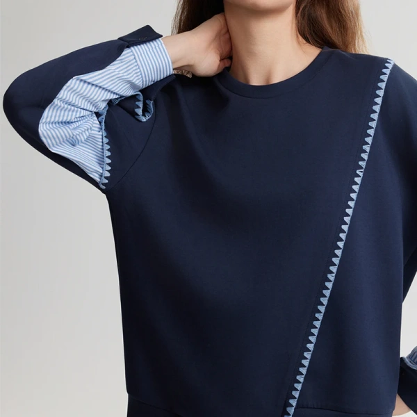 Splicing Design Pullover O Neck Knitted Cotton Sweater Women - Image 4