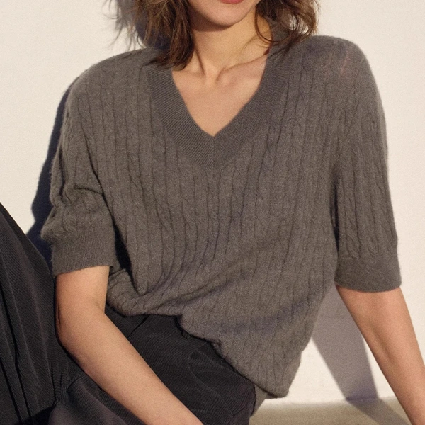 Summer Women Handmade Alpaca Knitted Sweater V Neck Short Sleeve Wool Knitwear - Image 4