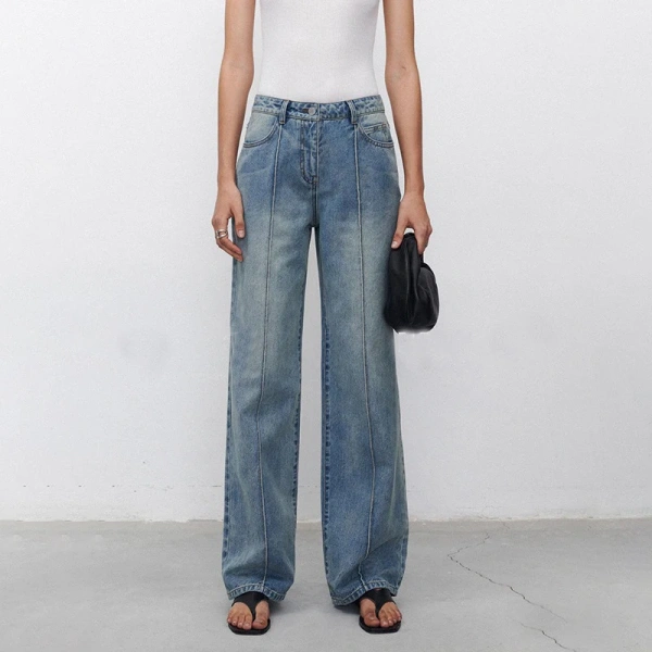 Spring High Waist Cotton Jeans Women Vintage Denim Wide Leg Pants