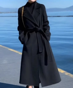 Women Medium-length Black Wool Coat, High-grade Double-faced Velvet, Thickened Wool Coat, Slimming