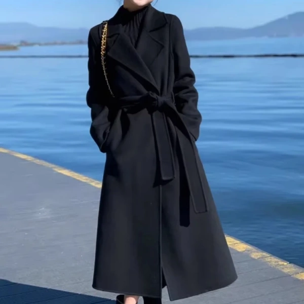 Women Medium-length Black Wool Coat, High-grade Double-faced Velvet, Thickened Wool Coat, Slimming