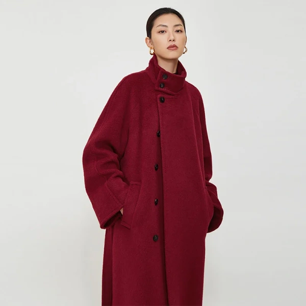Vintage Stand-up Collar Top Sully Fleece Coat Long Loose Slouchy Wind Thickened Winter Alpaca Cashmere Coat Large Size