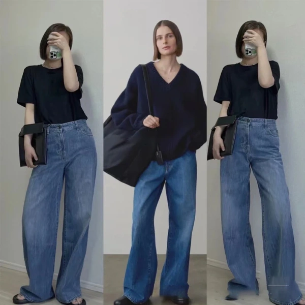 Denim Wide Leg Long Pants Vintage High Waist 100% Cotton Jeans for Women - Image 3
