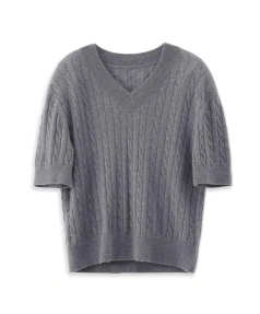 Summer Women Handmade Alpaca Knitted Sweater V Neck Short Sleeve Wool Knitwear