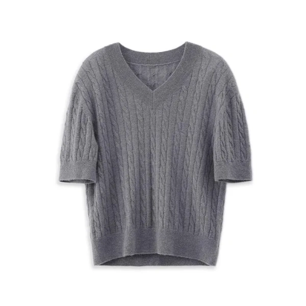 Summer Women Handmade Alpaca Knitted Sweater V Neck Short Sleeve Wool Knitwear