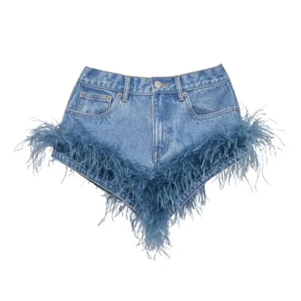 Cross Short Pants High Waist Denim Shorts Women with Ostrich Feather Fur - Image 5