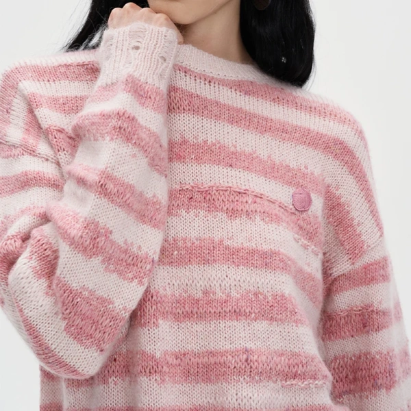 Stripe Pattern Wool Blend Knitwear O Neck Mohair Sweater for Women - Image 3