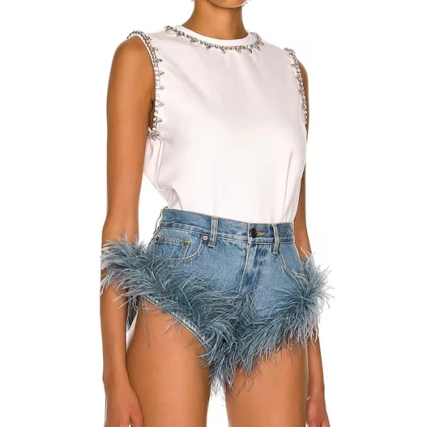 Cross Short Pants High Waist Denim Shorts Women with Ostrich Feather Fur - Image 3