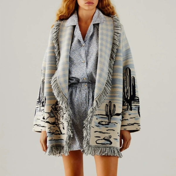 Winter Spring Long Sleeve Knitwear Coat Jacquard Knitted Wool Cardigan Sweater Women with Tassel