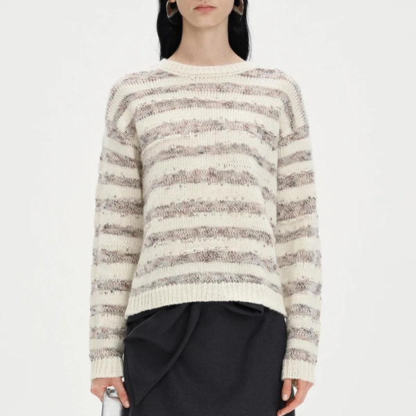Stripe Pattern Wool Blend Knitwear O Neck Mohair Sweater for Women - Image 4